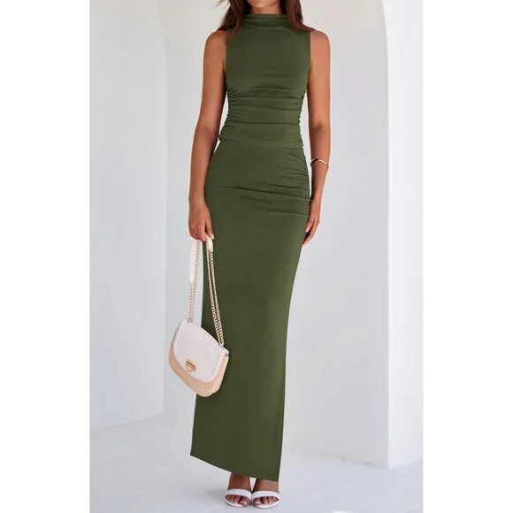Women's Army Green Two Piece Sets Going Mock Neck Sleeveles Knit Tops Maxi Skirt - Picture 2 of 6